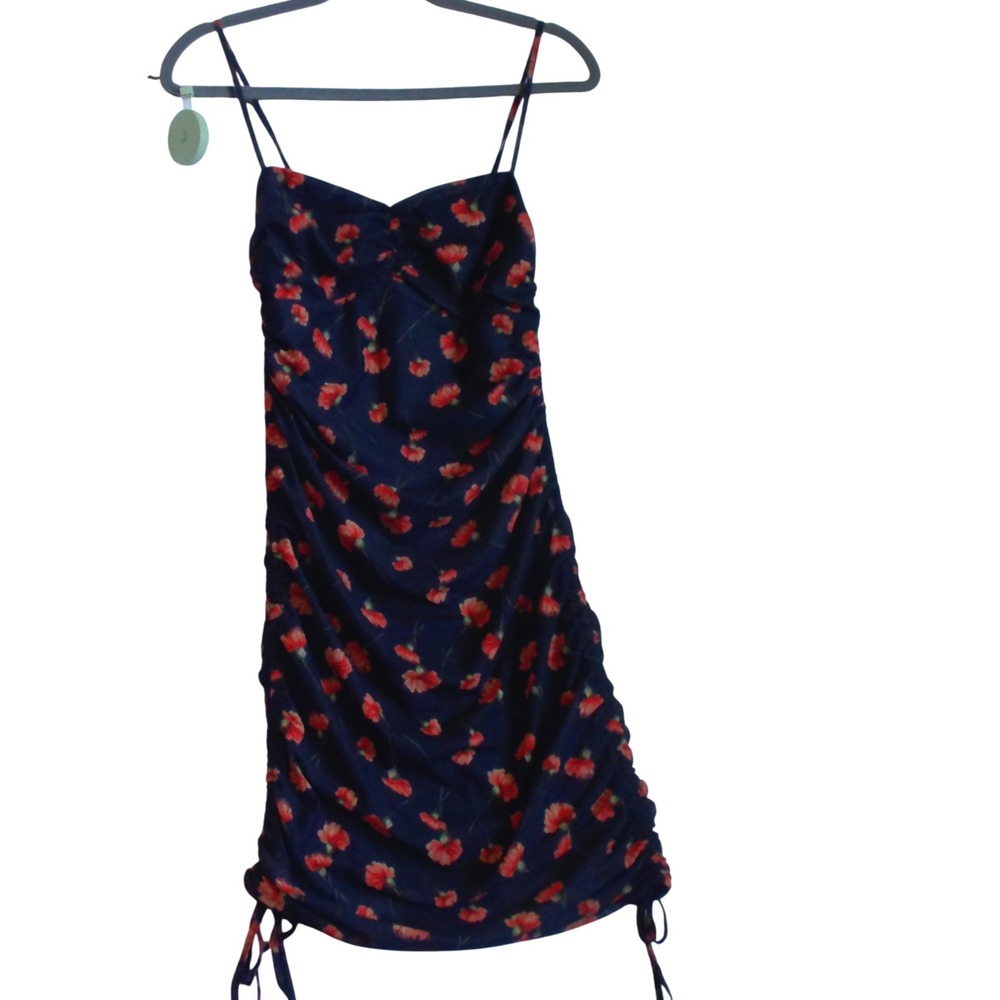 Floral Ruched Bodycon Mini‎ Dress Navy Blue Red Carnation Print Sleeveless S